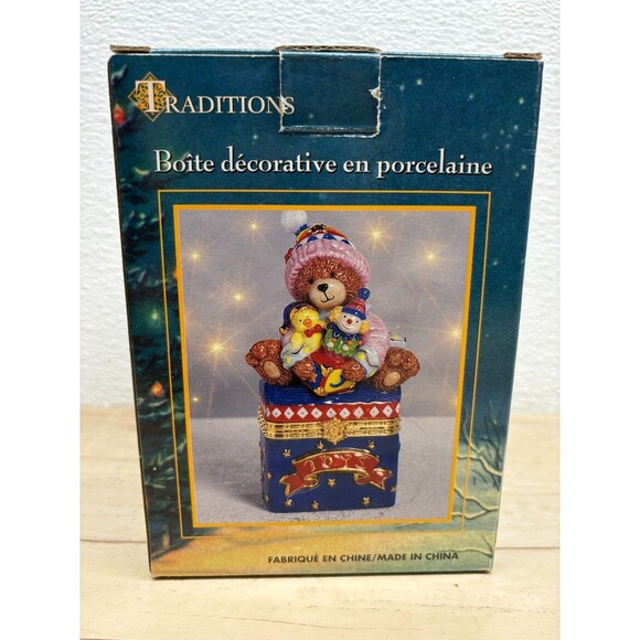 Traditions Porcelain Decorative Trinket Box Hand Painted Teddy Bear With Toys - Picture 15 of 16